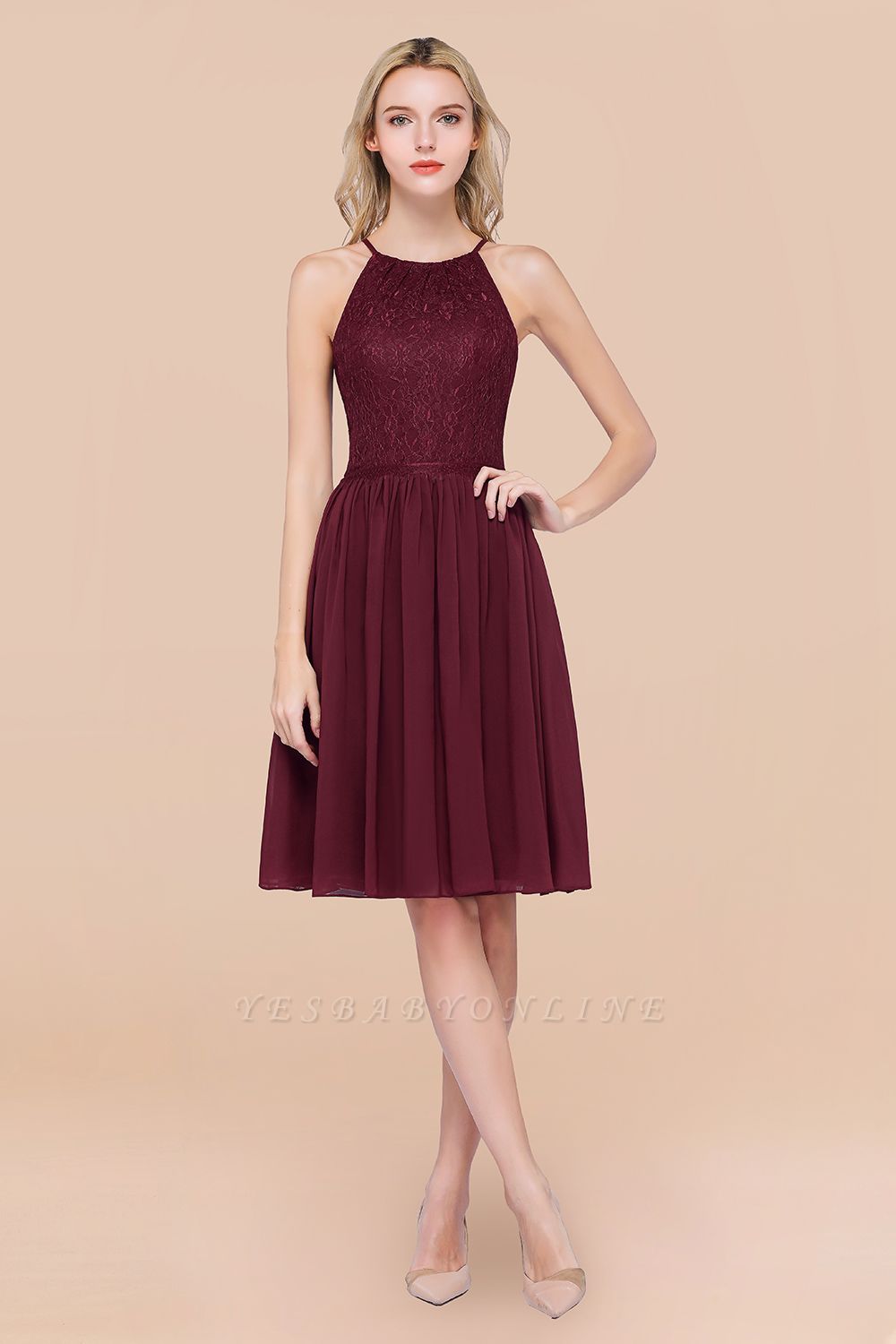 A-line  Lace Jewel Sleeveless Knee-Length Bridesmaid Dresses with Ruffles