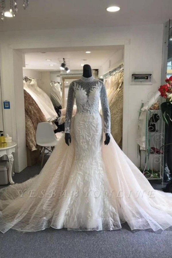 High Neck Sheer Long Sleeves Wedding Dresses With Detachable Overskirt