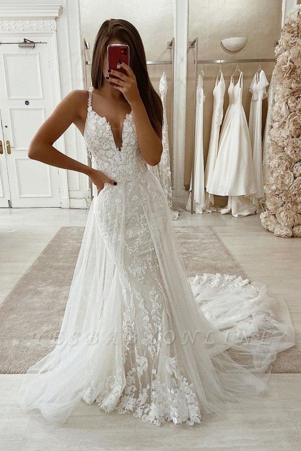 Spaghetti Straps Lace Fit and Flare Wedding Dresses With Detachable Overskirt