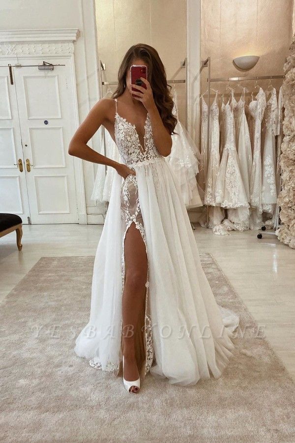 Spaghetti Straps V-neck Sexy Detachable Skirt Wedding Dresses