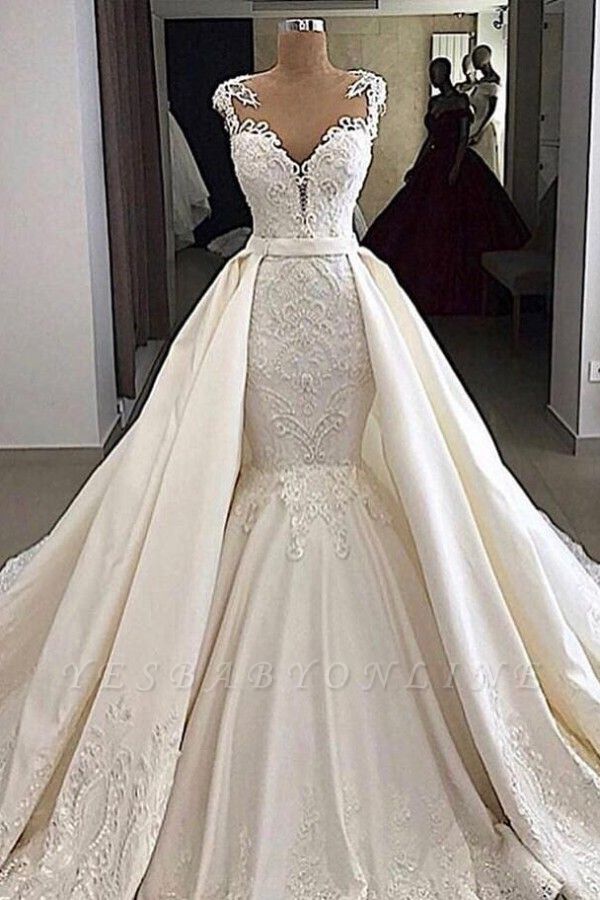 V-neck Cap Sleeves Lace Mermaid Detachable Skirt Overlay Wedding Dresses