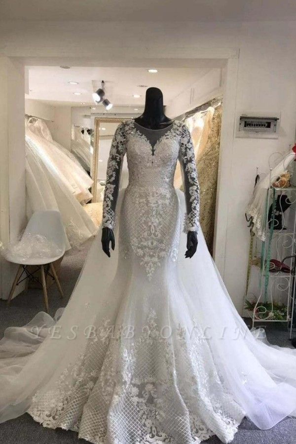 Jewel Lace Sheath Detachable Wedding Dresses with Long Sleeves