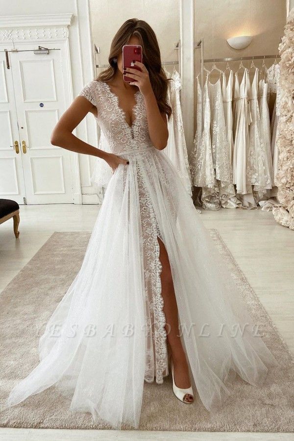 V-neck Cap Sleeves Lace Wedding Dresses with Detachable Sparkle Overskirt