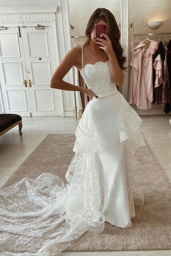 Spaghetti Straps Form-fitting Lace Wedding Dresses With Detachable Skirts