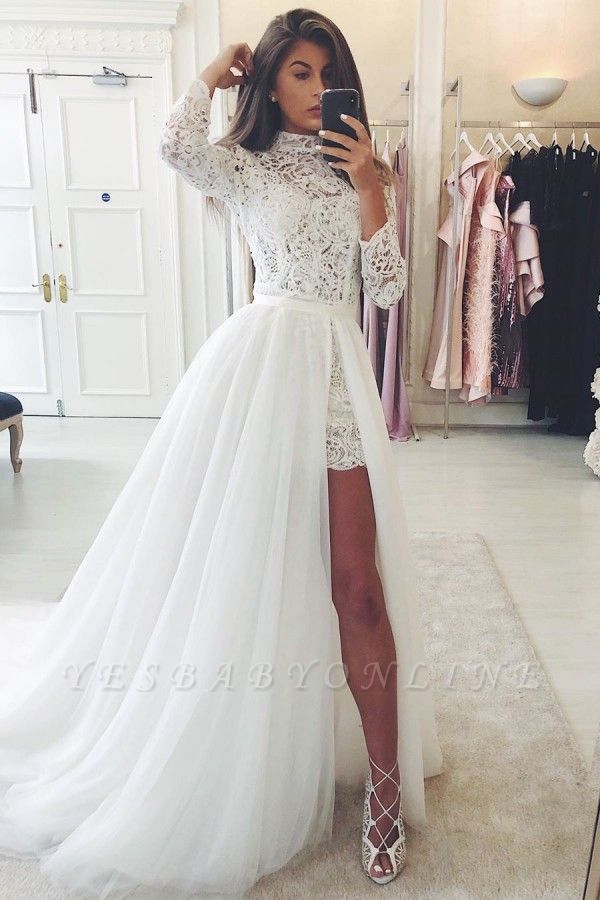 High Neck Long Sleeves Lace Wedding Dresses With Detachable Train