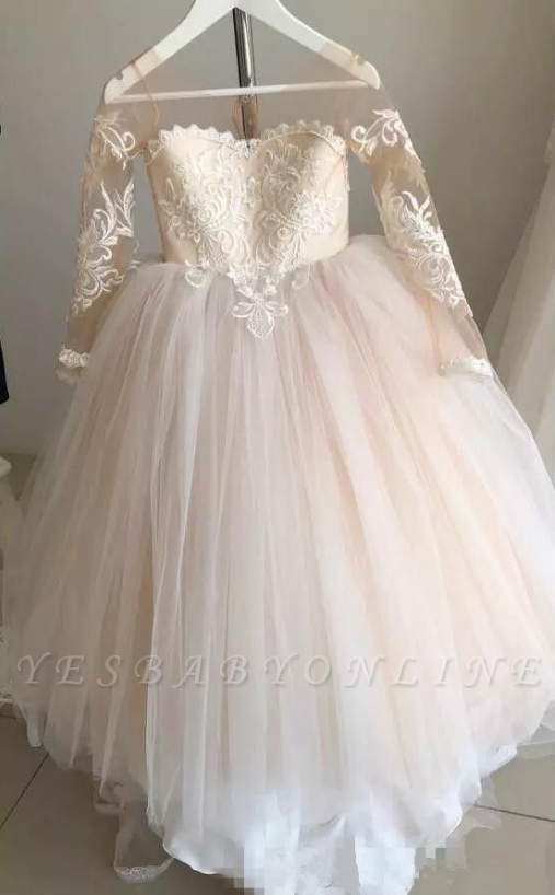 Princess Jewel Long Sleeves Sweep Train Lace Tulle Flower Girl Dresses with Bowknot