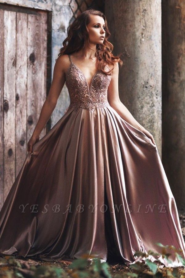 Sexy Spaghetti Straps V-Neck Satin Lace Prom Dress