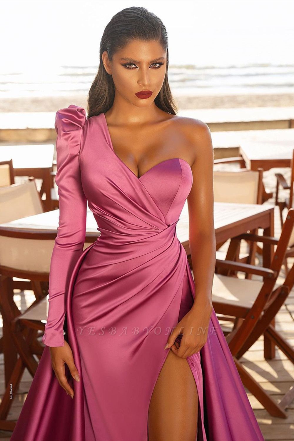 One Shoulder Prom Dresses Satin Side Split Evening Maxi Gowns