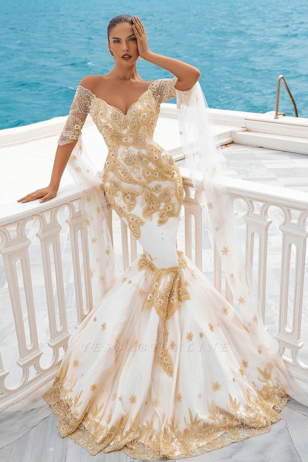 Glamorous Off the Shoulder Half Sleeves Crystal Appliques Lace Mermaid Wedding Dress