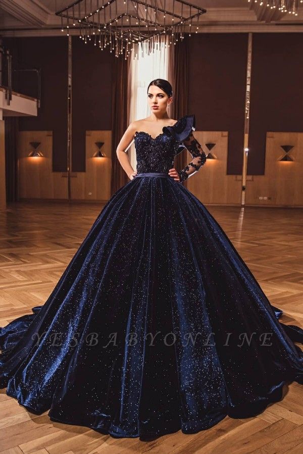 Gorgeous A Line Dark Purple Ball Gowns One Shoulder Prom Dresses