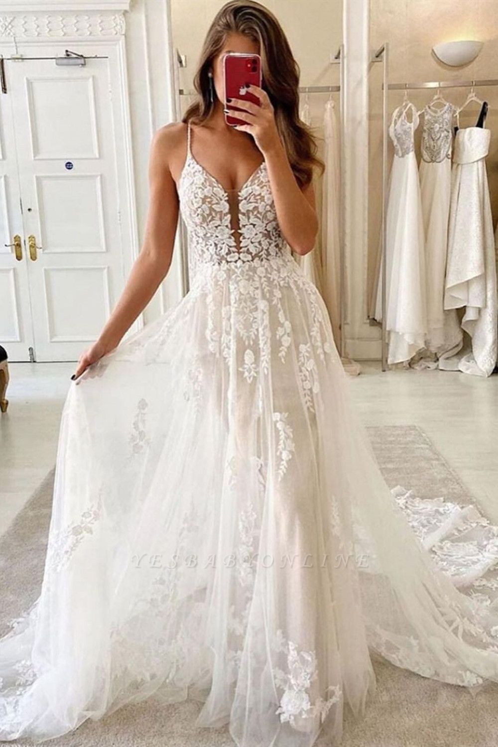 Simple A-Line Spaghetti Strap Chapel Train Lace Tulle Wedding Dress