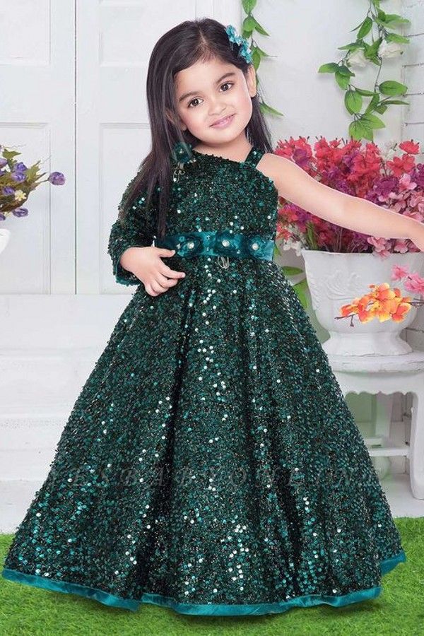 Sparkly Sequined One-Shoulder Princess Flower Girl Dress with Flowers