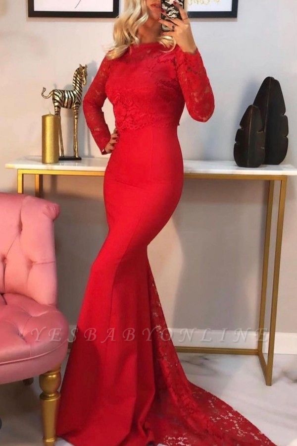 Elegant Mermaid Long Sleeves Red Prom Dress with Lace