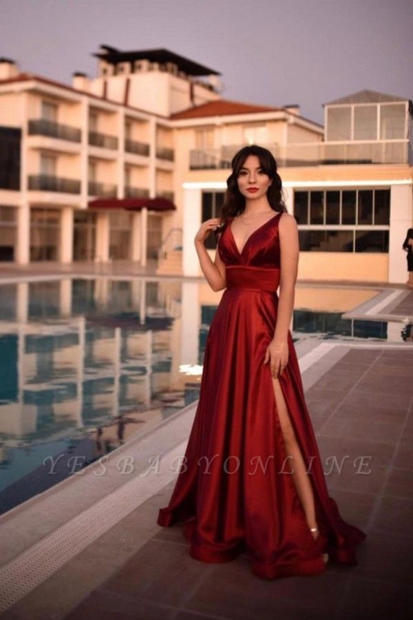 Sexy V-neck Burgundy Charmeuse Slit Backless Prom Dress