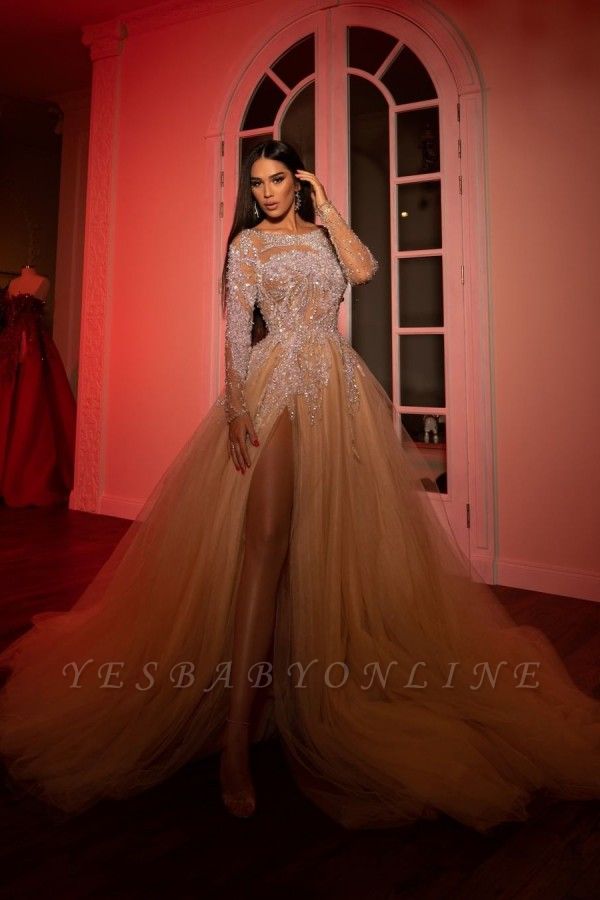 Luxury Long Lace Tulle Beaded Prom dresses with sleeves