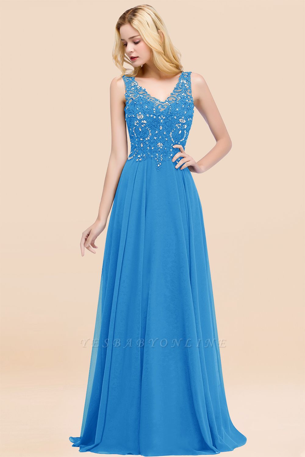 Straps V Neck  Applique Crystal Sequin Floor Length A Line Prom Dresses