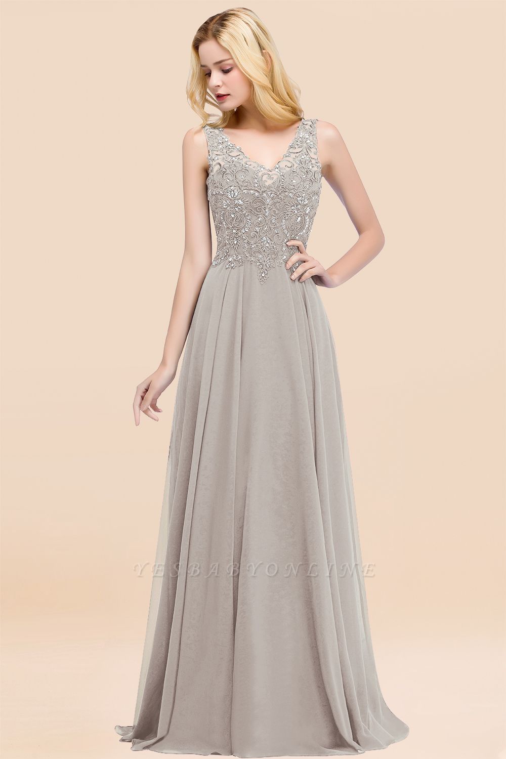 Straps V Neck  Applique Crystal Sequin Floor Length A Line Prom Dresses