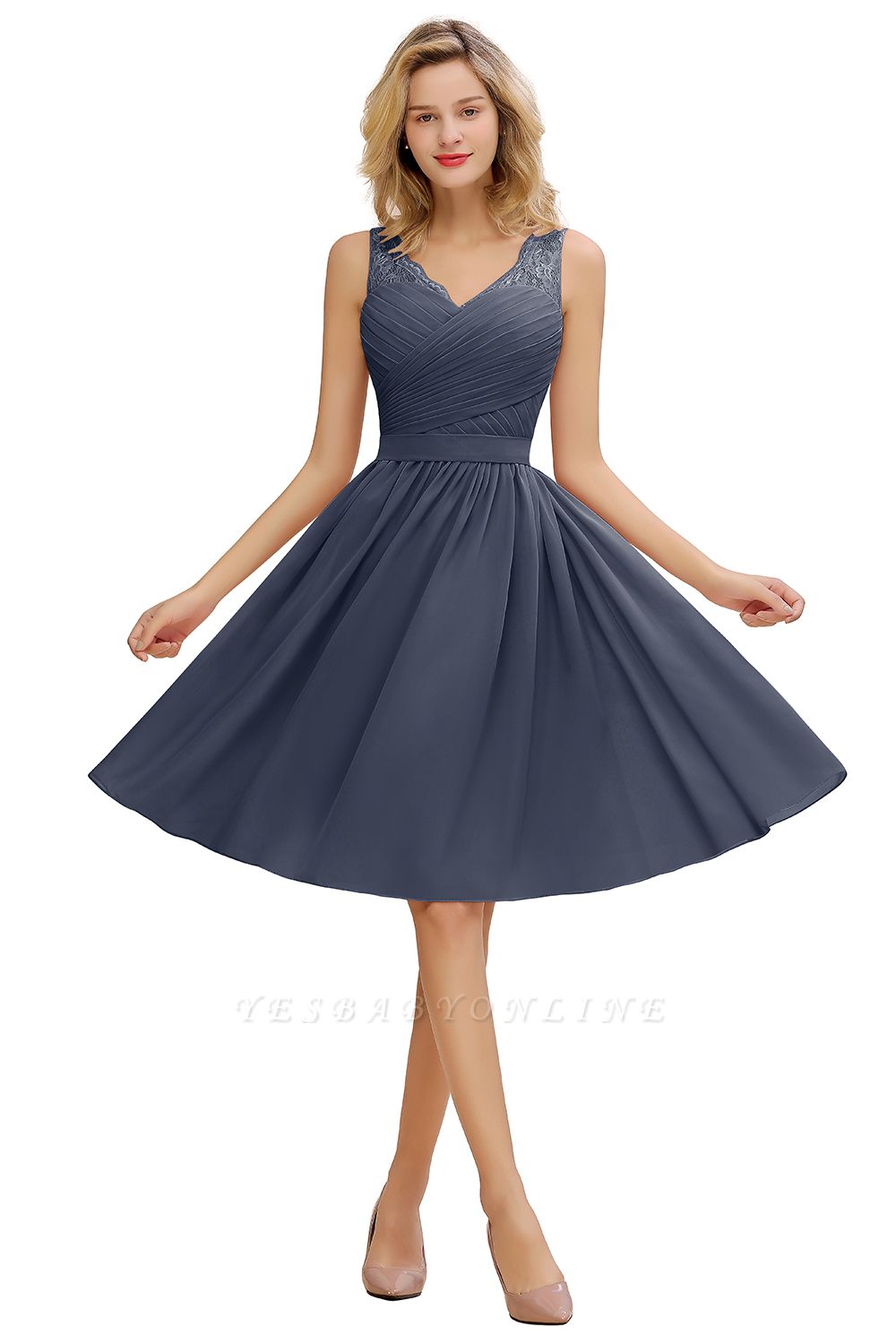 A-line Chiffon Ruffle Bridesmaid Dress Sleeveless Lace Homecoming Dress