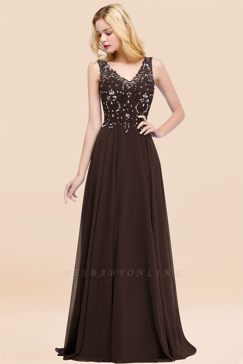 Straps V Neck  Applique Crystal Sequin Floor Length A Line Prom Dresses