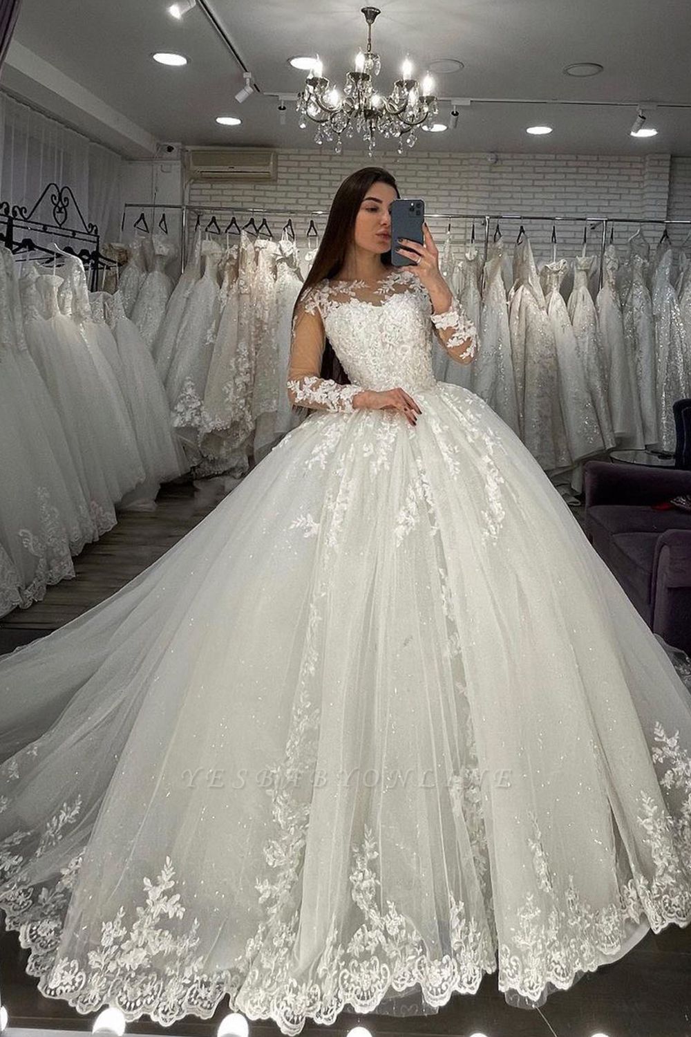 Long Sleeves Lace Appliques Tulle White Wedding Gowns | Yesbabyonline.com