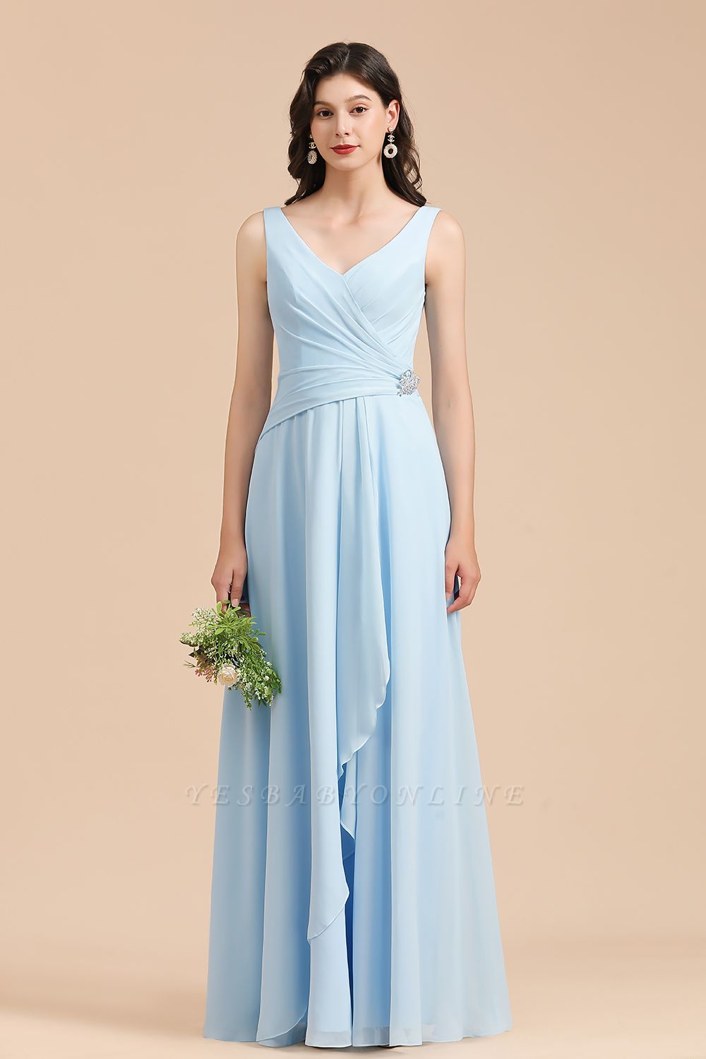 Sky Blue V-Neck Sleevels Ruffle Chiffon Bridesmaid Dress