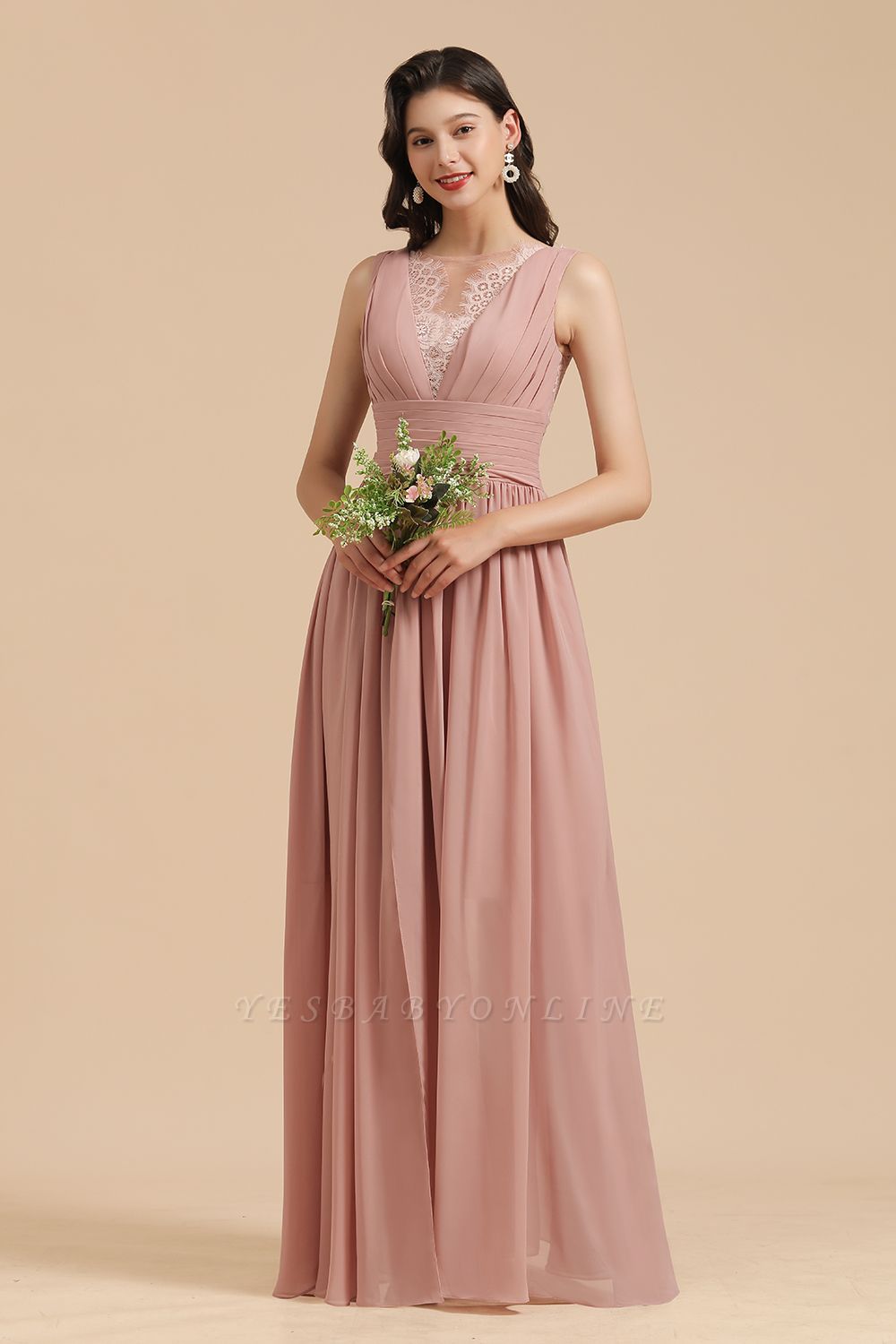 Elegant Sleevele Dusty Pink Chiffon Bridesmaid Dresses