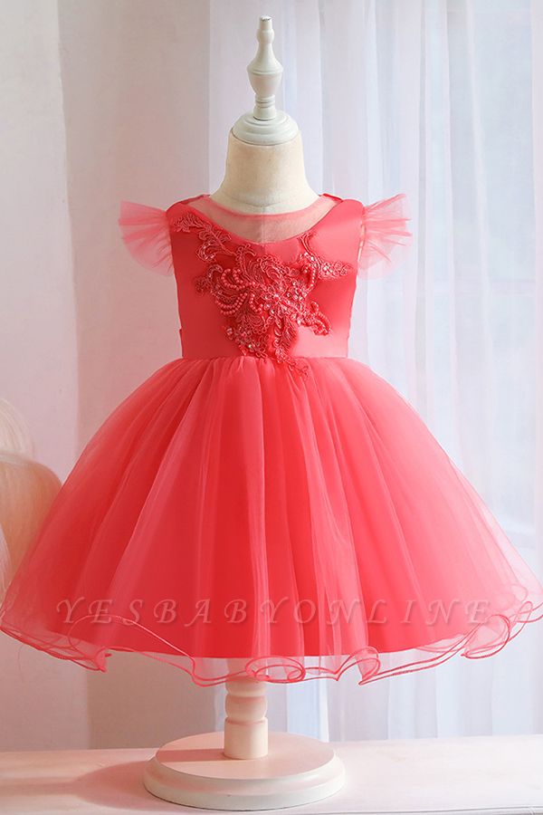 Princess Short Sleeves Beading Flower Girls Dresses With Bowknot