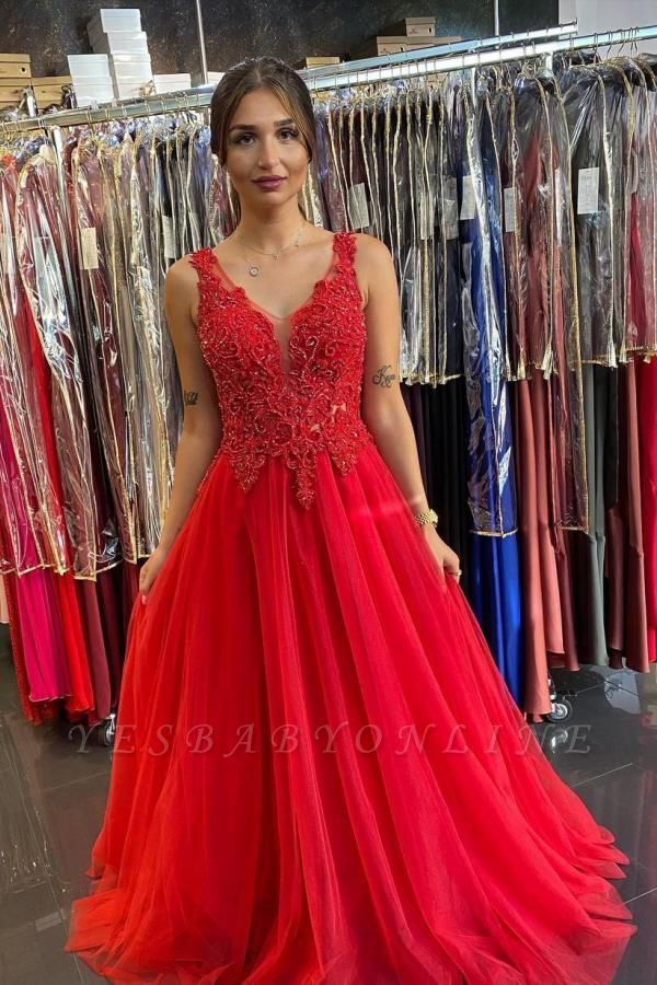 Elegant V-neck A-line Appliques Lace Tulle Open Back Floor-length Prom Dress