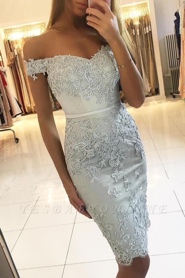 Beautiful Off-the-shoulder Sweetheart Appliques Lace Knee-length Sheath Prom Dress