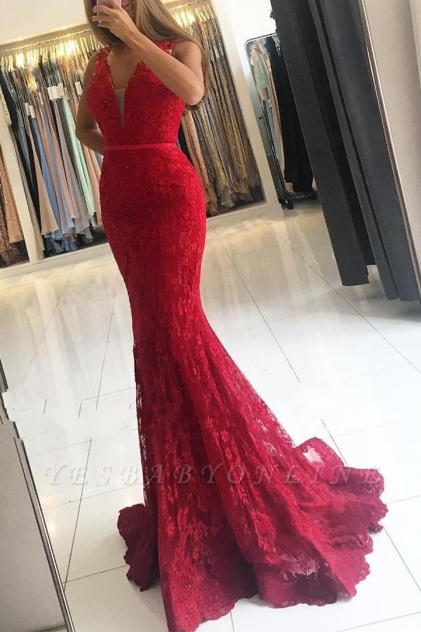 Charming Red Wide Straps Appliques Lace Floor-length V-neck Mermaid Prom Dress