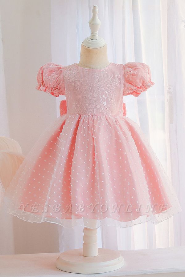 Princess Short Sleeves Jewel Flower Girls Dresses With Bowknot