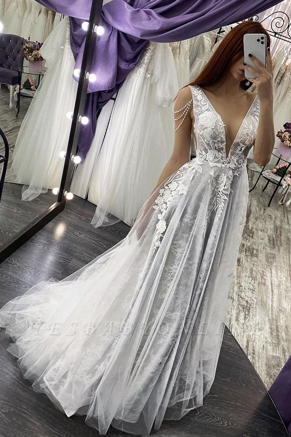 Sexy V-Neck Floral Lace Sleeveless A Line Wedding Dresses