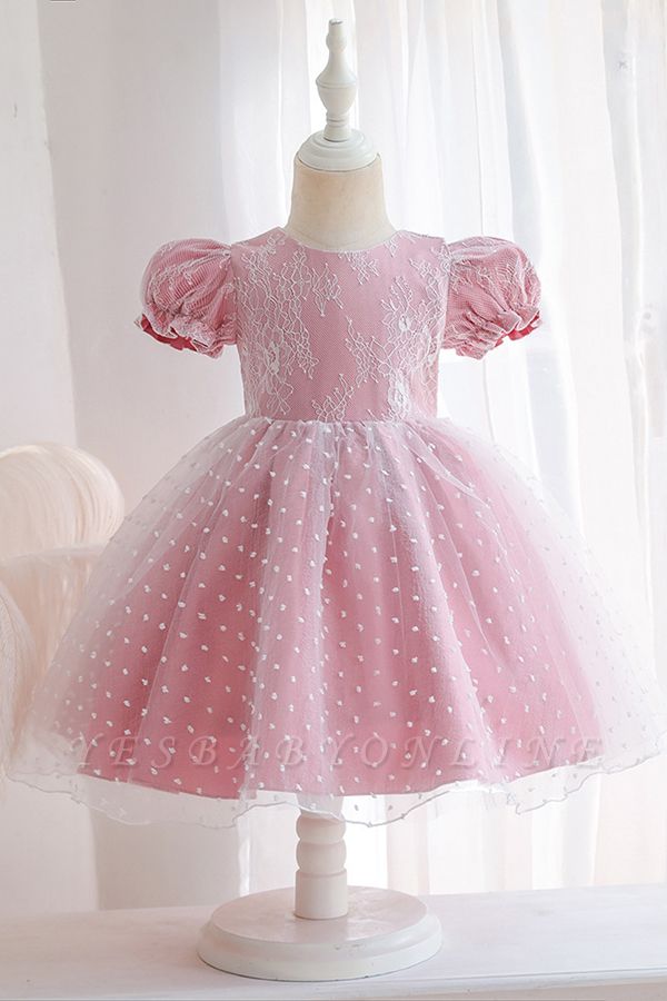 Princess Short Sleeves Jewel Flower Girls Dresses With Bowknot