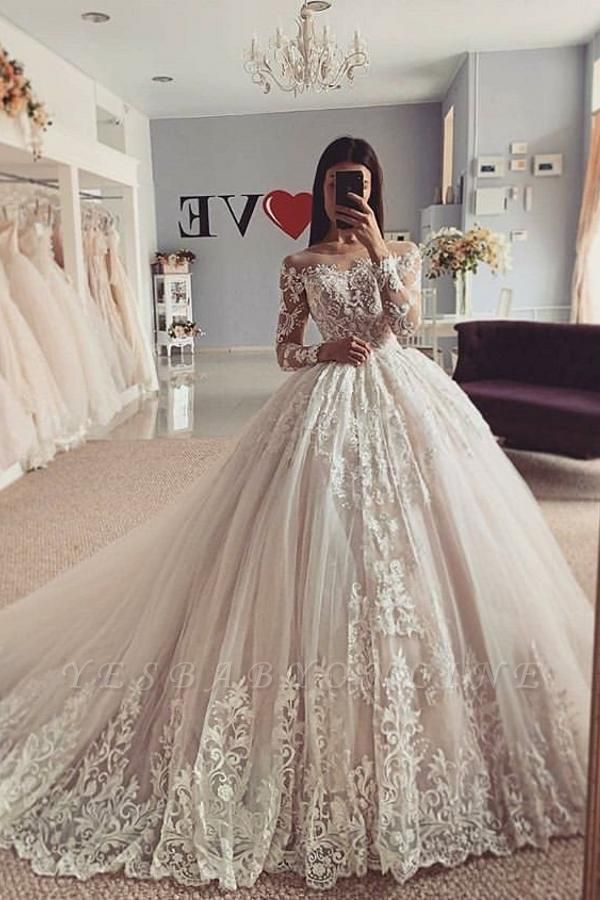 Aline Long Sleeves Ball Gown Lace Tulle Bridal Gown Floral ...