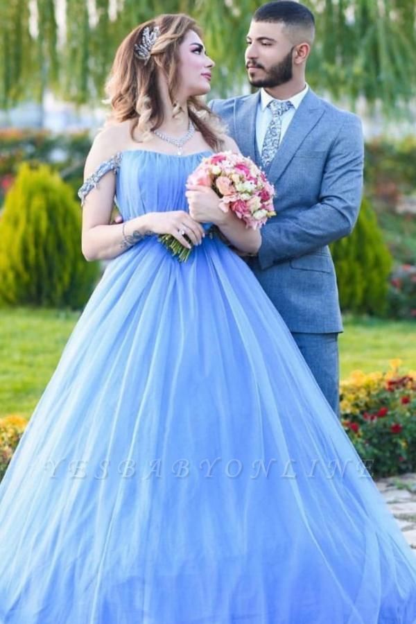 Gorgeous Off The Shoulder Sleeveless Tulle Light Blue Prom Dresses