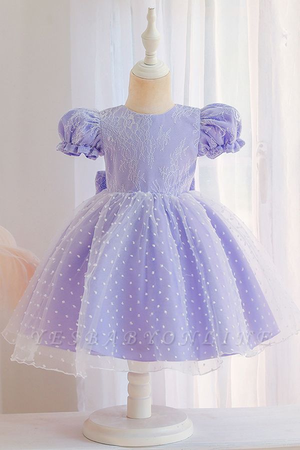 Princess Short Sleeves Jewel Flower Girls Dresses With Bowknot