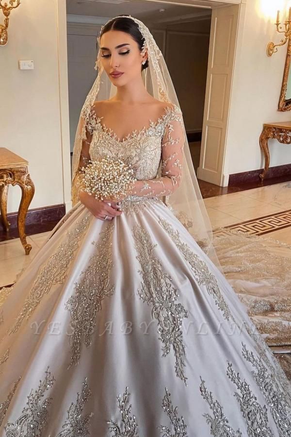Elegant Long Sleeves Champagne Lace Wedding Dresses Long