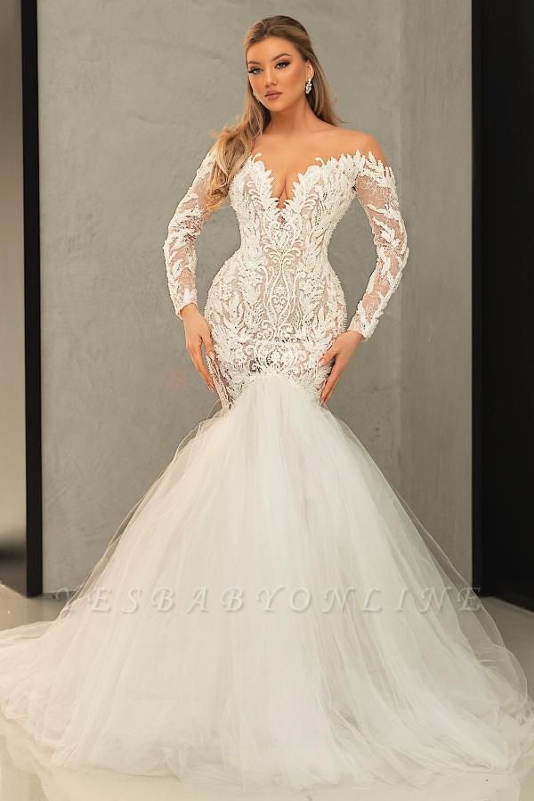 Sexy Sweetheart Long Sleeves Mermaid Wedding Dresses With Lace Appliques