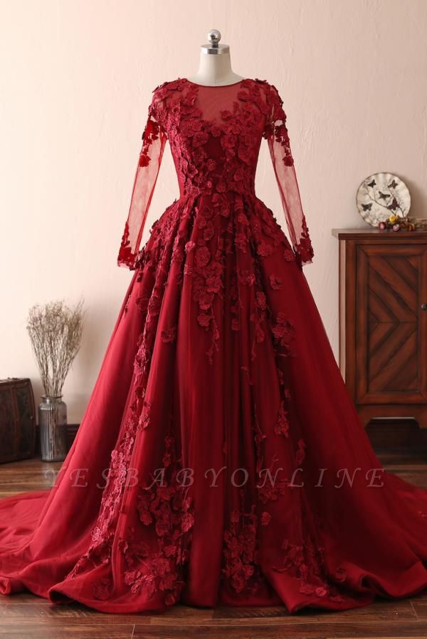 Elegant Tulle Lace Red Jewel Prom Dresses|3D Flowers Ruffles Evening Dresses