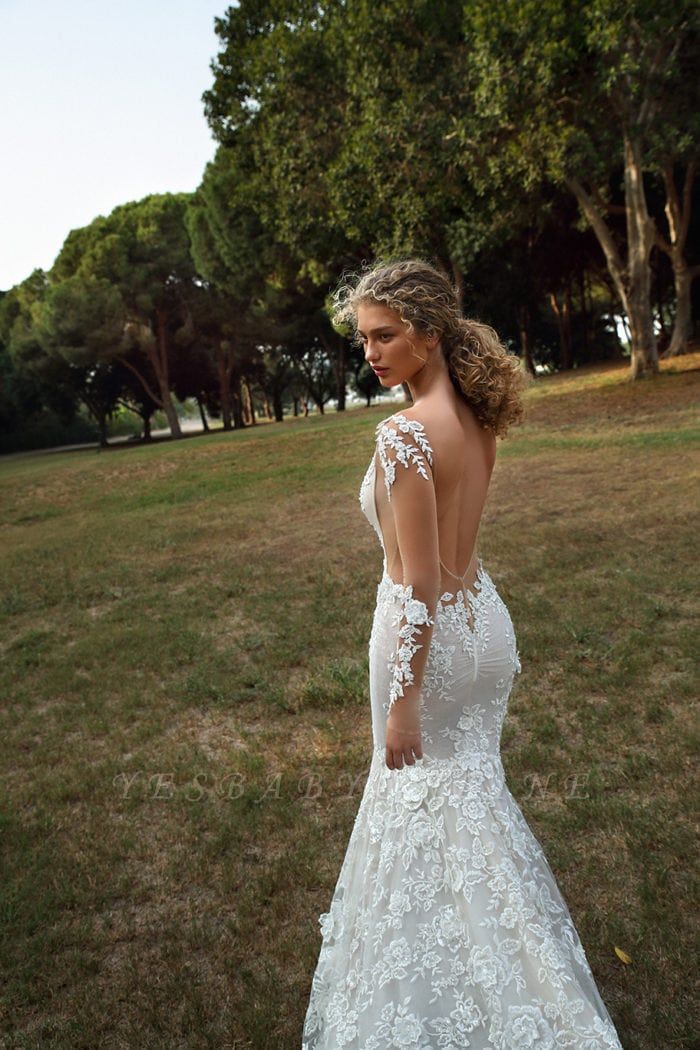 Graceful Backless Square Lace Mermaid Wedding Dresses With Long Sleeves ...