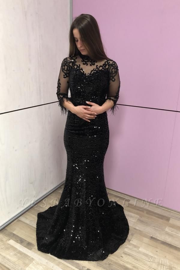 Black Half Sleeves Lace Sequins Beading Mermaid Prom Dresses