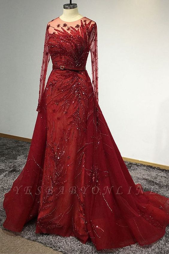 Luxury Long Sleeves Tulle Ruby Lace Appliques Mermaid Prom Dresses ...