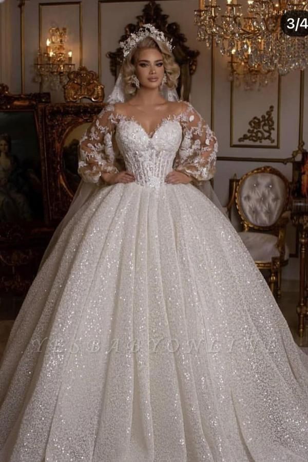 Luxury Sweetheart Tulle Sequins Ruffles Ball Gown Wedding Dresses With Long Sleeves