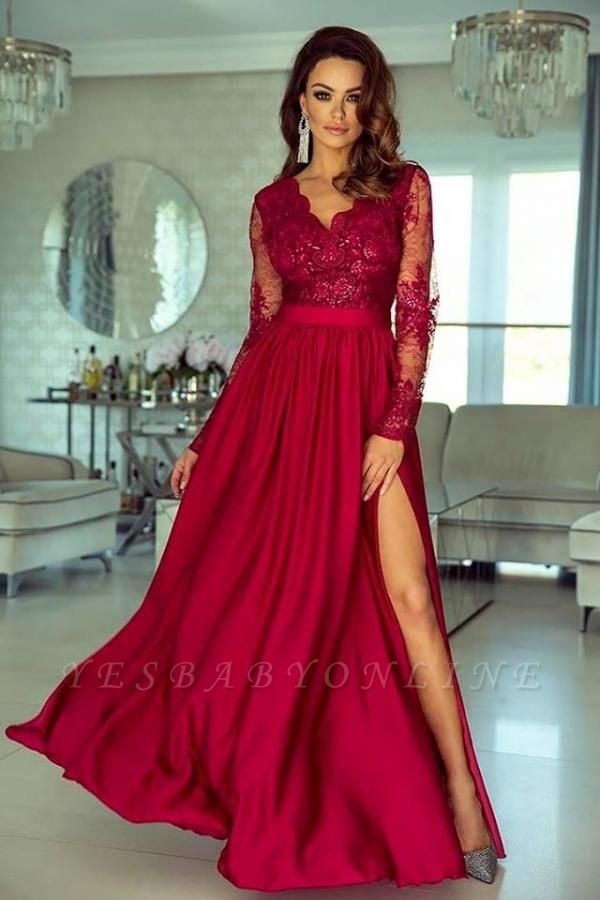 Long Sleeves Ruby V Neck Lace Appliques Split Prom Dresses