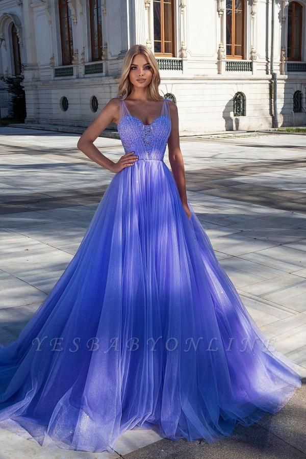 Princess Tulle Sleeveless Purple Beading Ruffles Prom Dresses Long