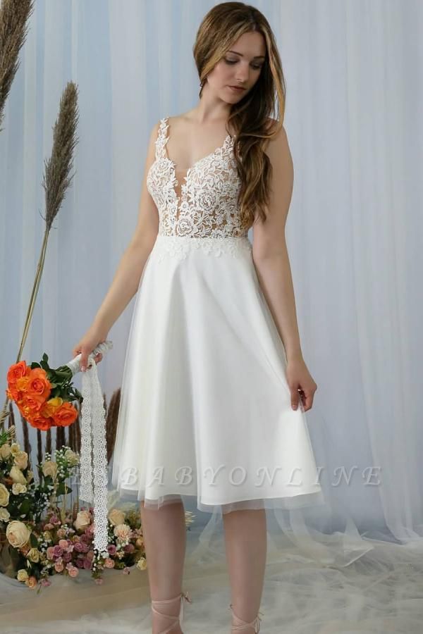 Simple A-line V-neck Backless Tulle Lace Short Wedding Dress