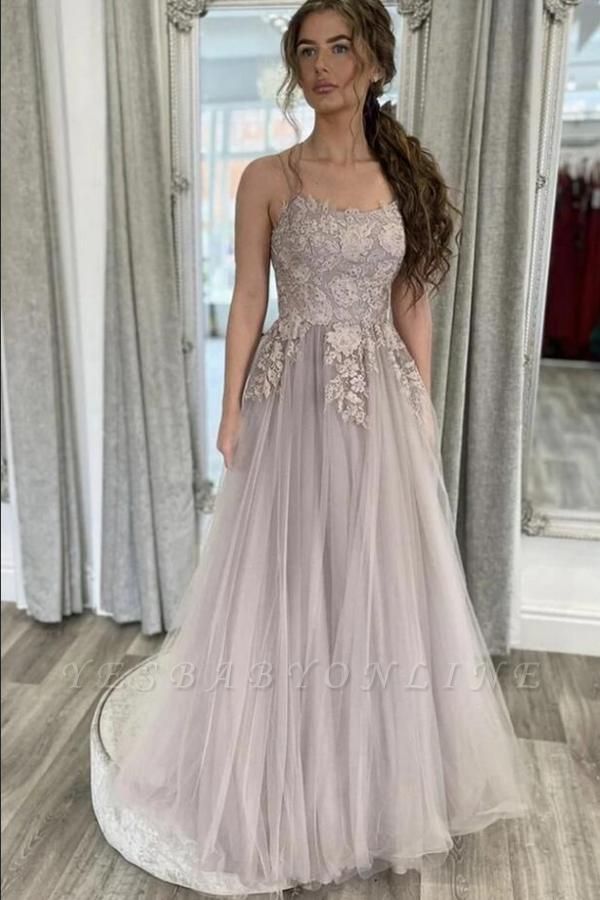 Elegant Spaghetti Straps Appliques Lace Tulle A-line Backless Prom Dress