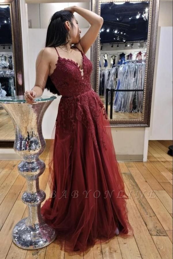 Spaghetti Straps Tulle Ruby Lace A-Line Prom Dresses