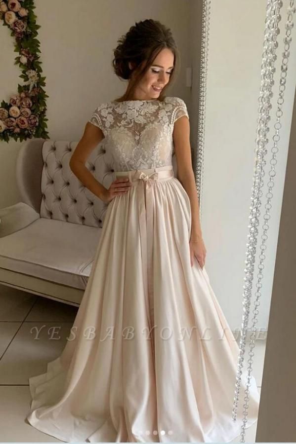Beautiful Long A-line jewel Stretch Satin Wedding Dress with sleeves