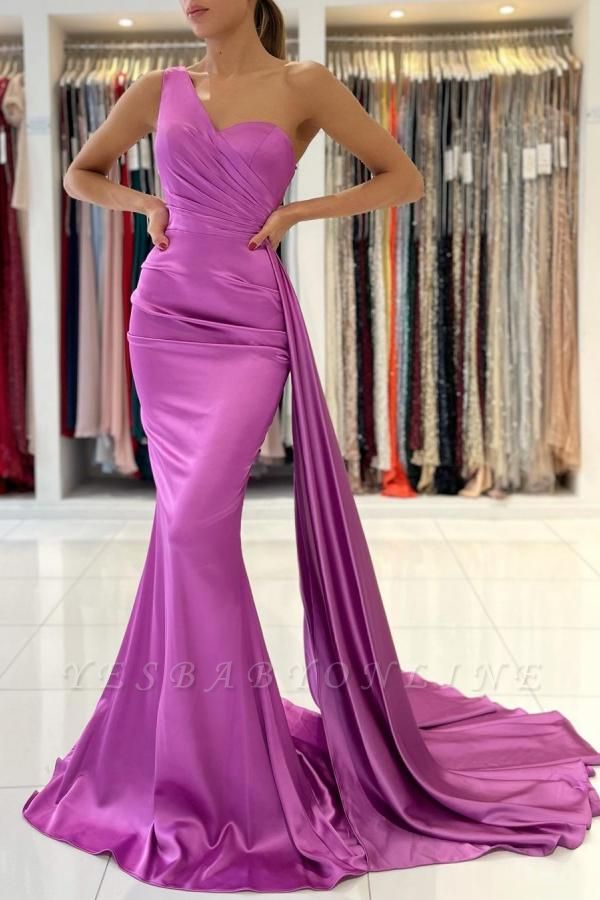 Elegant One Shoulder Satin Backless Ruffles Mermaid Evening Dress With Side Sweep Train